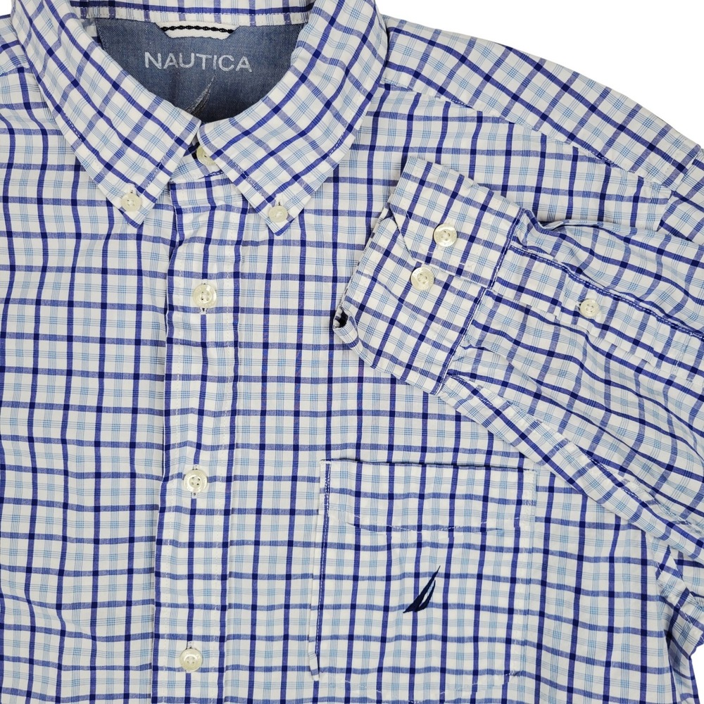 Nautica Mens Large Button Down Shirt Long Sleeve White Blue‎ Plaid Check Cotton